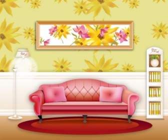 ベクトルのスタイリッシュな壁紙の家のリビング ルームのソファ