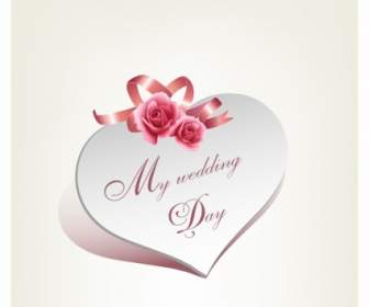 Wedding Card Heart Shape With Rose And Pink Ribbon
