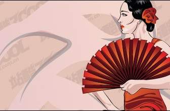 Woman Holding Folding Fan Vector Material