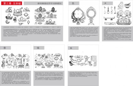 diagramme de symboles et d'artefacts tibétain bouddhiste des trois cinq merveilleux lust vector