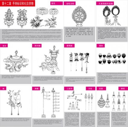 十二個手持鑒定和禮儀的向量物件的藏傳佛教符號和物件圖