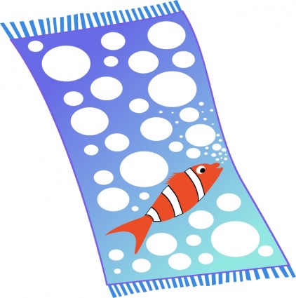 toalha azul com bolhas brancas e o peixe vermelho com faixas brancas