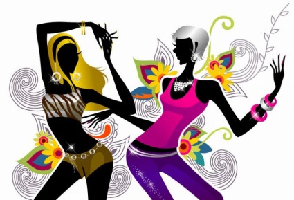 hai cô gái nhảy múa trên Hoa nền vector minh hoạ
