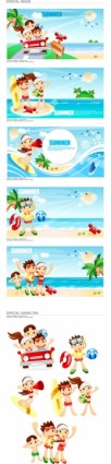 Vector de dibujos animados clip niños y niñas en la playa