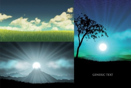 Vektor-Grass Trees-Sonnenuntergang-Himmel