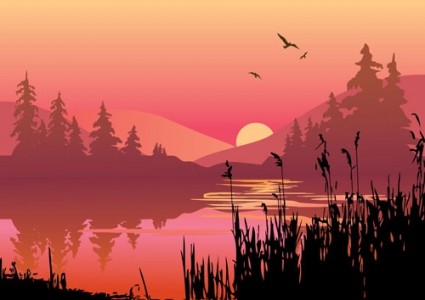 vettore lago al tramonto