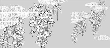 desenho de linha do vetor de nuvens de flores de cereja flores dourado treliça