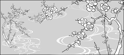 向量線描的花朵梅花桃花流水
