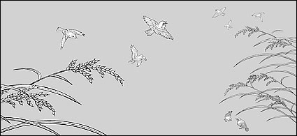Vektor-Strichzeichnung von Blumen Reis Vögeln