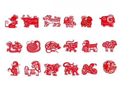 Vector de los nueve animales papercut tradicional chino