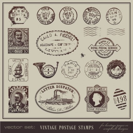 Vintage kartu pos dan perangko vektor