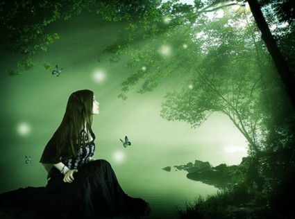 kobieta w zielonym lesie psd