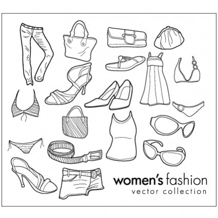 las mujeres llevan mercancías de vector de dibujo de línea de ropa