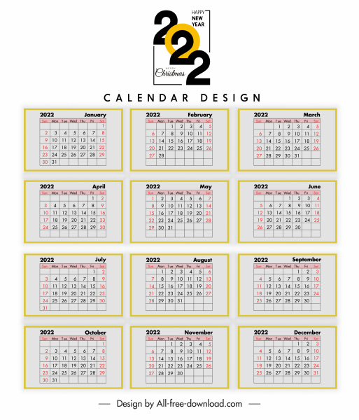 2022 Calendar Template Bright Flat Classic Layoutvector