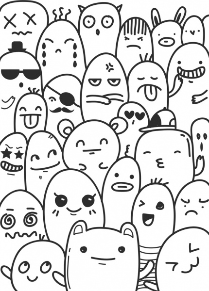 Emoticon Background Cute Cartoon Characters Black White Handdrawn-vector  Cartoon-free Vector Free Download